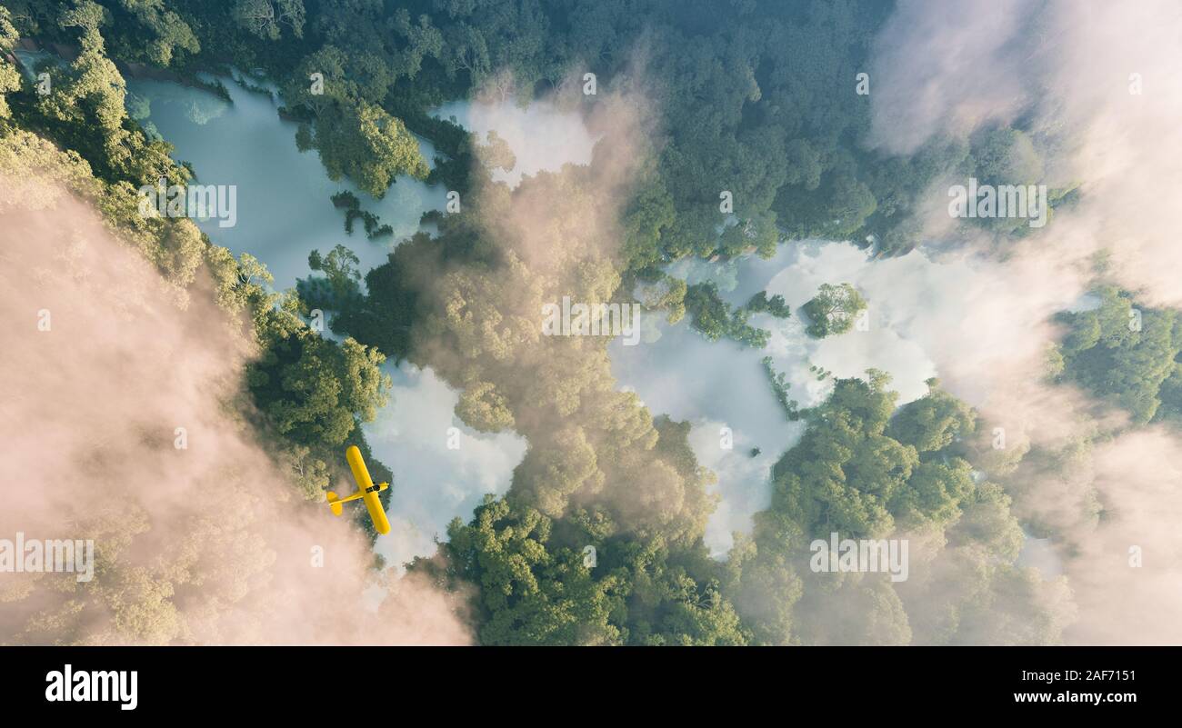 Luftaufnahme von Misty rainforest Seen in Form der Kontinente im dichten Dschungel Vegetation im schönen späten Abend licht. 3D-Rendering Stockfoto