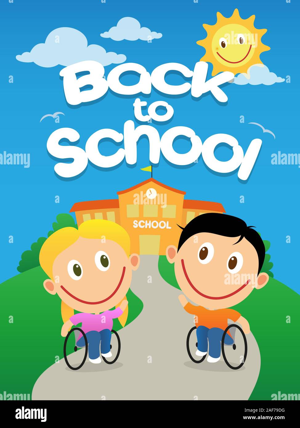 Behinderte glückliche Kinder im Rollstuhl zurück zu Schule an einem sonnigen Tag. Vektor Cartoon Illustration. Stock Vektor