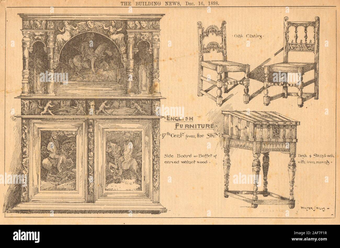 V&A Museum. 17 C englische Möbel. Eiche Stuhl sideboard Nussbaum Schreibtisch stand 1898 Stockfoto