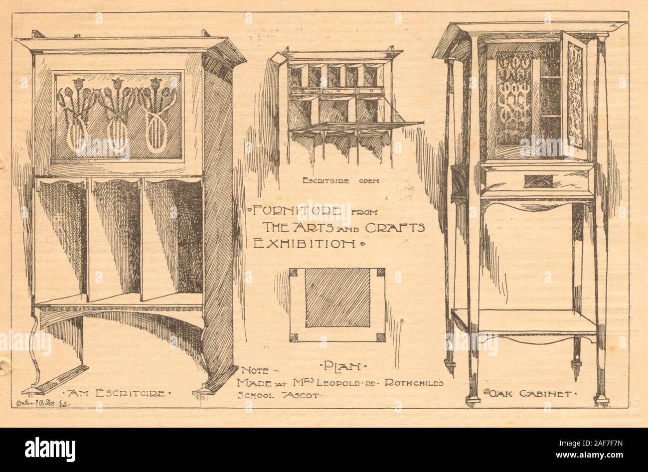 Möbel aus der Kunst & Handwerk Ausstellung. Sekretär, Eiche Schrank 1899 Stockfoto