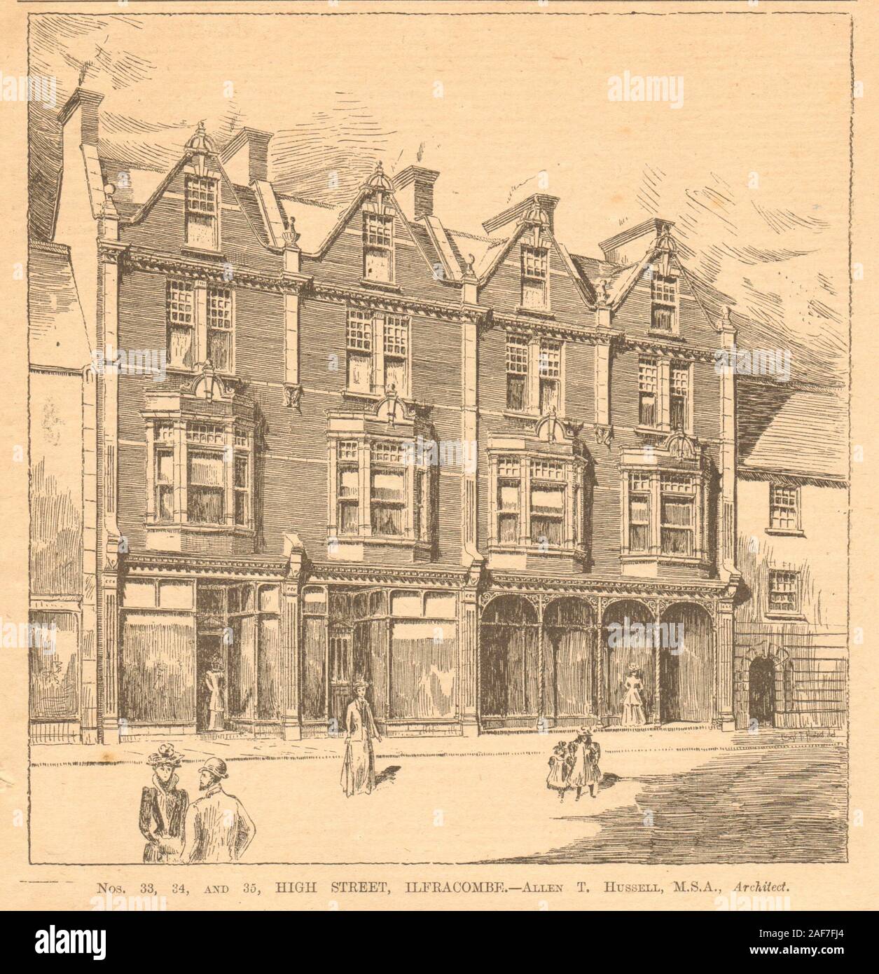 Änderungsanträge 33, 34 & 35 High Street, Ilfracombe. Allen T. Hussell, Architekt. Devon 1900 Stockfoto