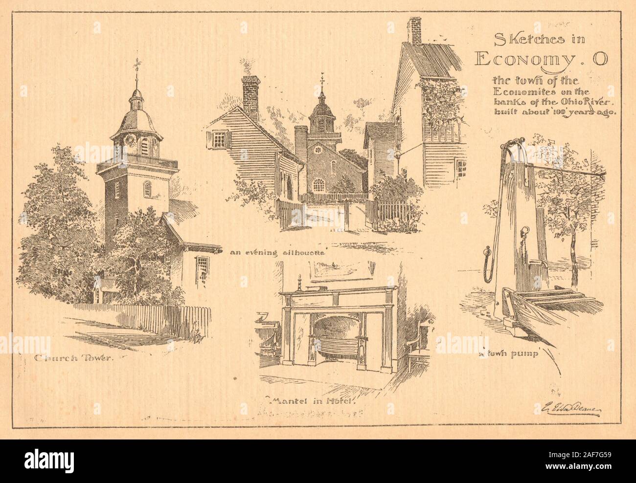 Old Economy Village, Pennsylvania. Economites. Kirchturm Harmonie Gesellschaft 1902 Stockfoto