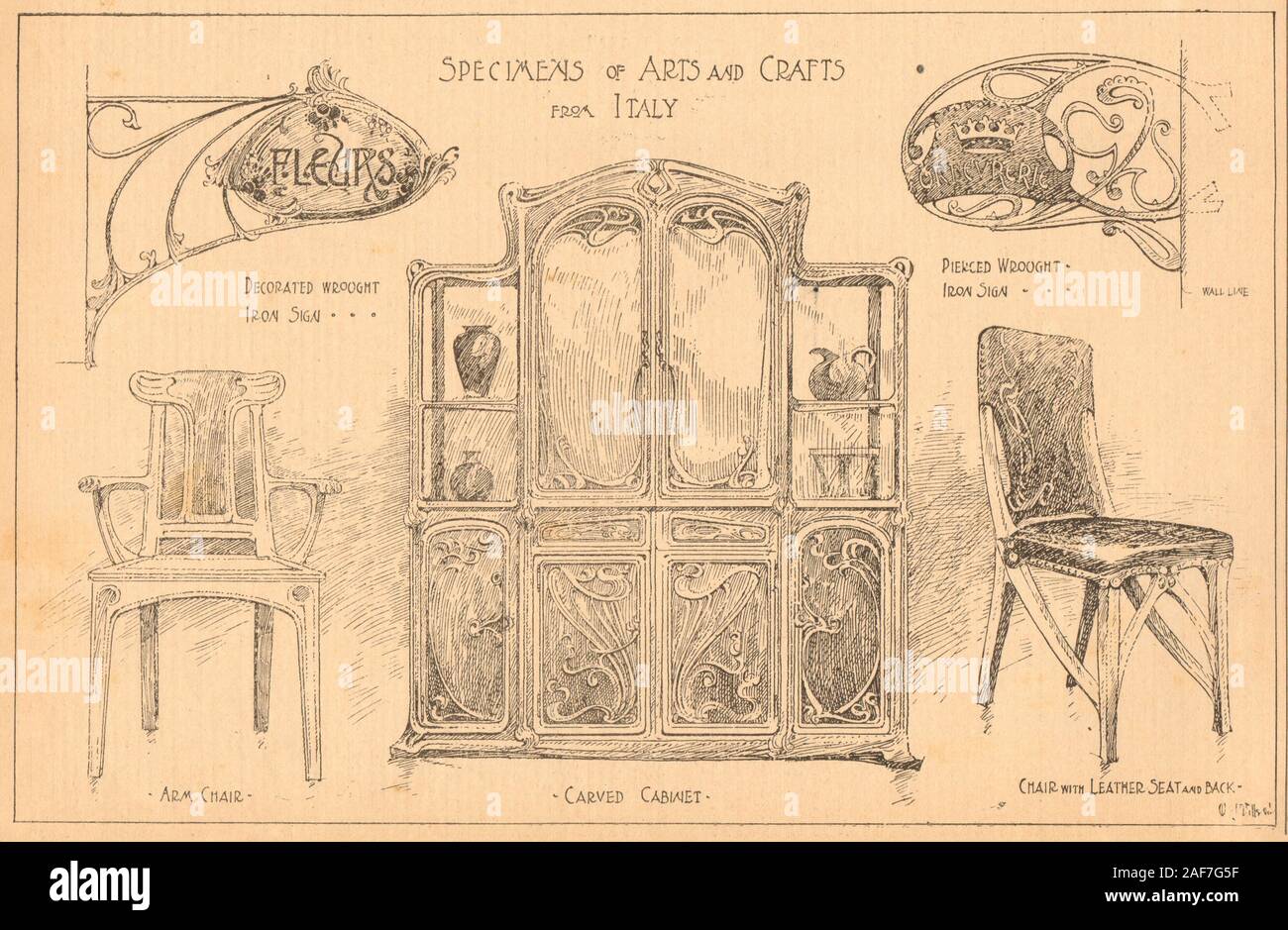 Italienische Kunst Kunsthandwerk schmiedeeisernen Zeichen Sessel Schrank Leder Stuhl gehauen 1902 Stockfoto
