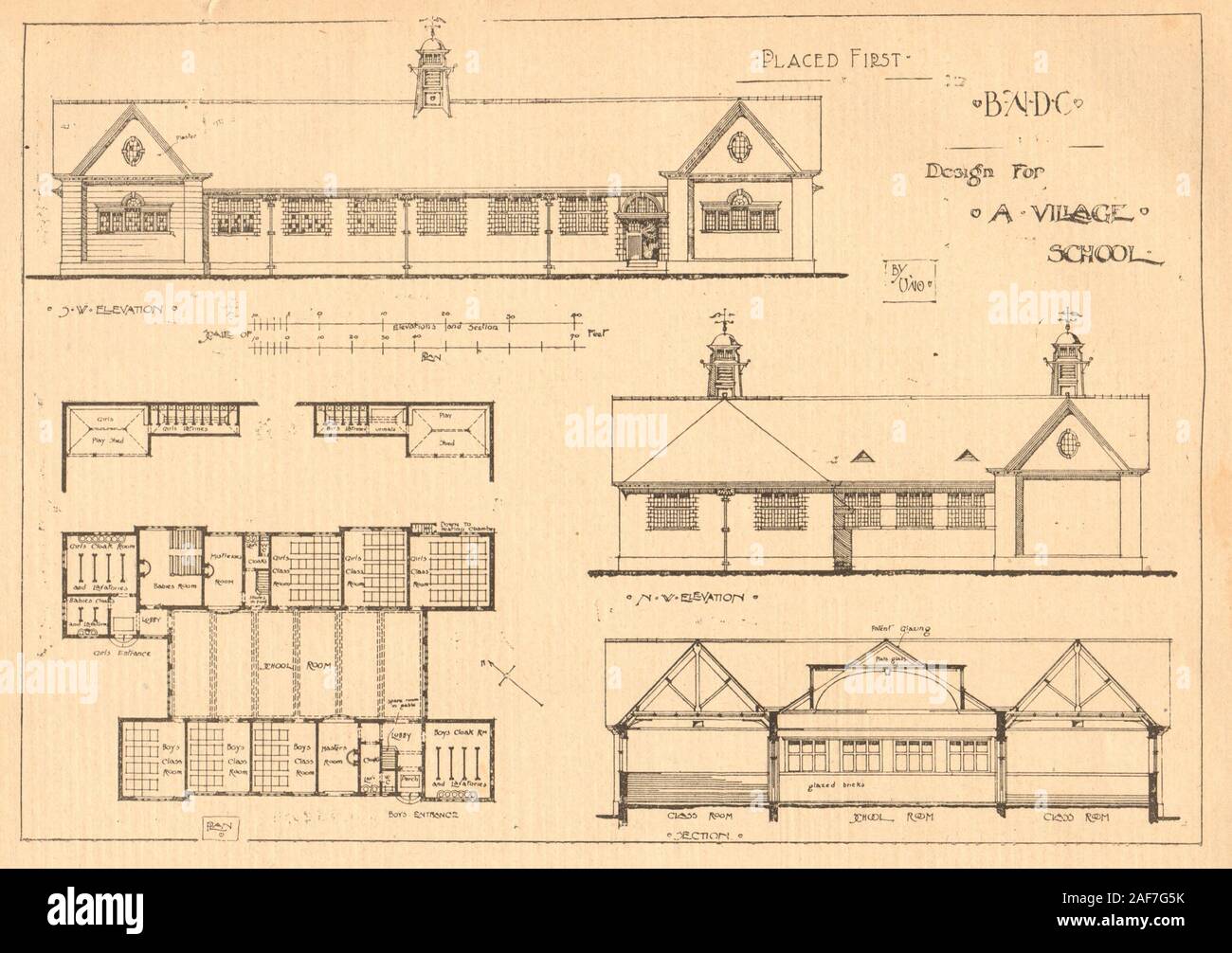 Design für eine Dorfschule. NW Elevation, SW-Elevation, plan 1902 alten Drucken Stockfoto