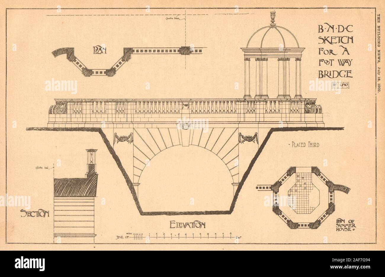 B.N.D.C Skizze für ein Fuß weg, Brücke von der Uno. Sommer Haus Höhe und Pläne 1902 Stockfoto