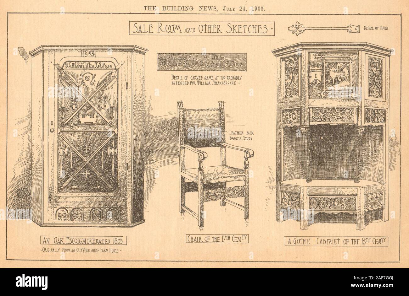 Möbel. 17 C Stuhl leder zurück, 1603 Eiche Encoignure, 15 C Gothic cabinet 1903 Stockfoto