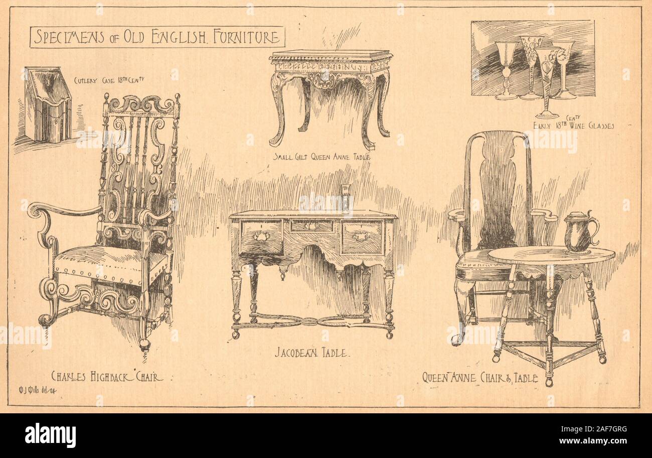 Alte englische Möbel. Queen Anne Stuhl Tisch Charles Highback Jacobean 1904  Stockfotografie - Alamy