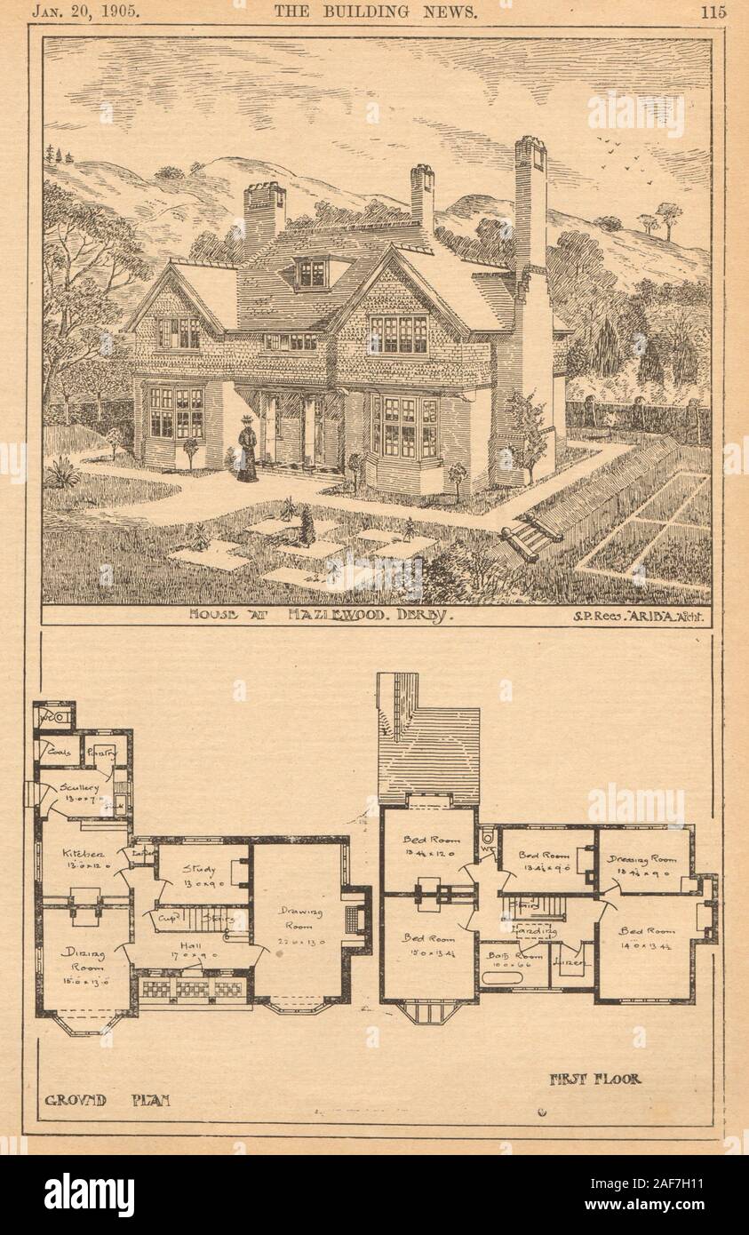 Haus am Hazlewood, Derby, S.P. Rees A.R.I.B.A., Archt. Pläne. Derbyshire 1905 Stockfoto