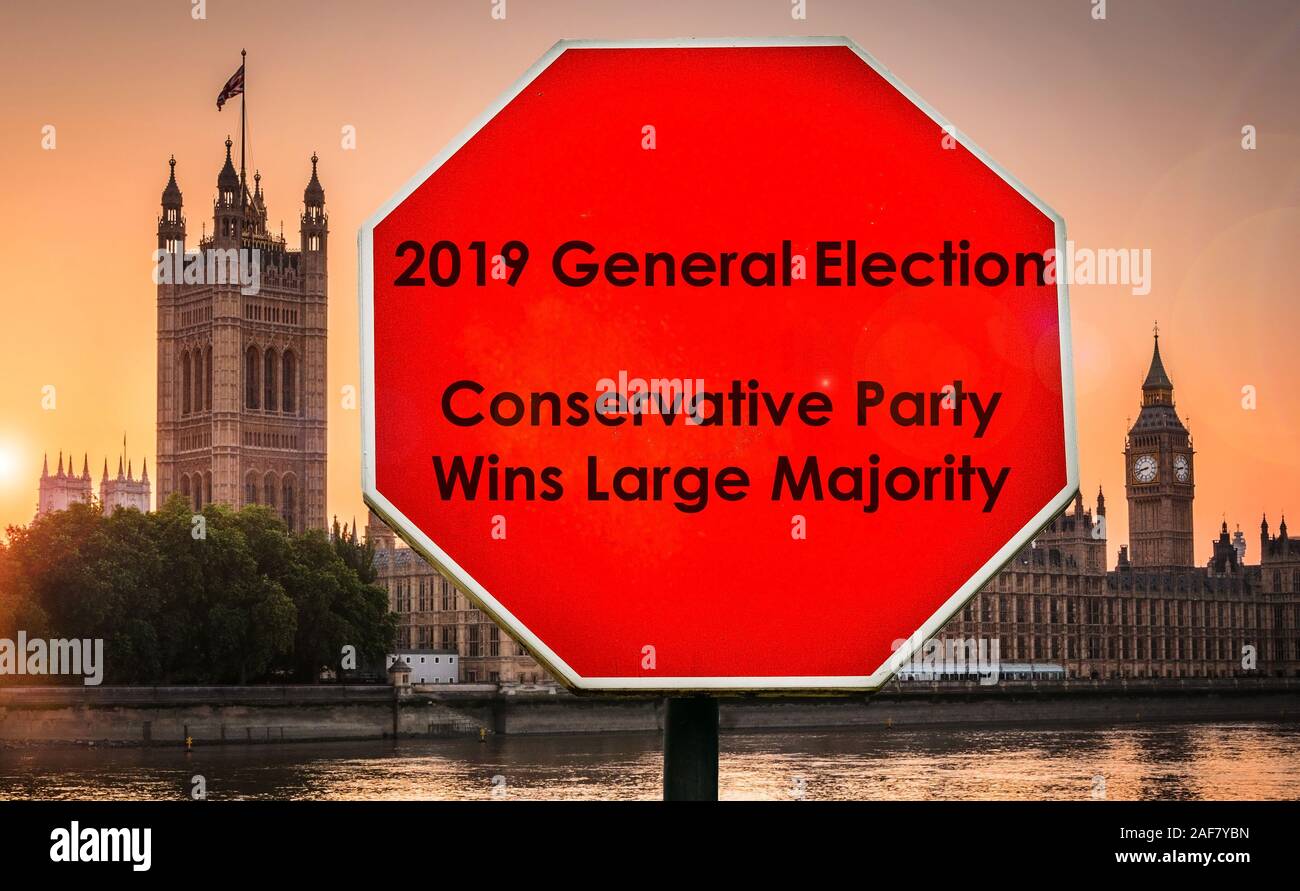 2019 allgemeine Wahlen konservative Mehrheit Nachricht mit Houses of Parliament, London im Hintergrund. Stockfoto