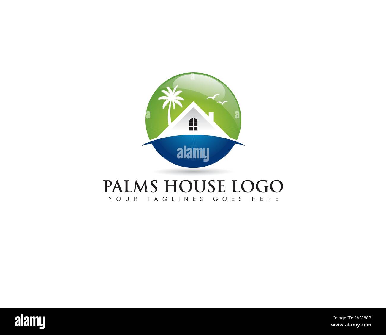 Kreis emblem Logo über Beach Real Estate mit weißen Haus und Kokospalme hinter Stock Vektor
