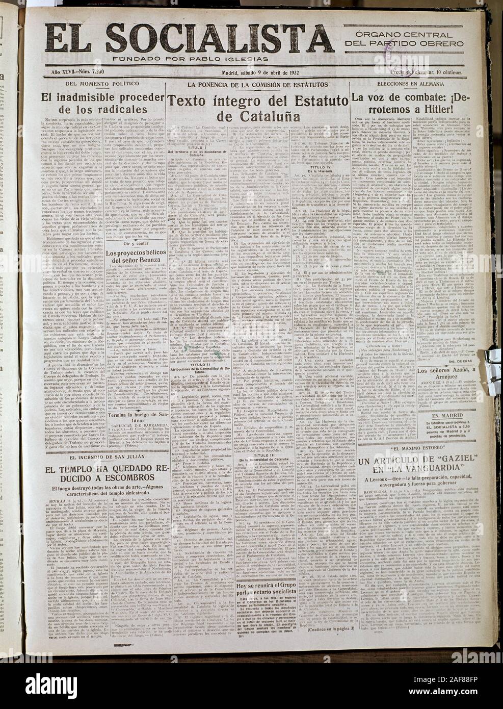 PERIODICO EL SOCIALISTA - 1932. Lage: Biblioteca Municipal. MADRID. Spanien. Stockfoto