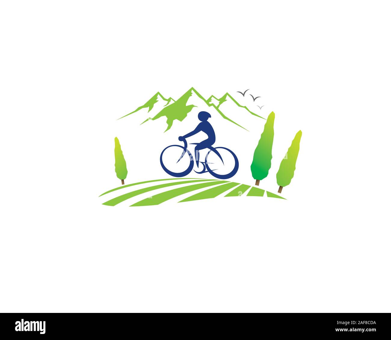 Fahrrad fahren gebirgig und Blick auf das Dorf logo Stock Vektor
