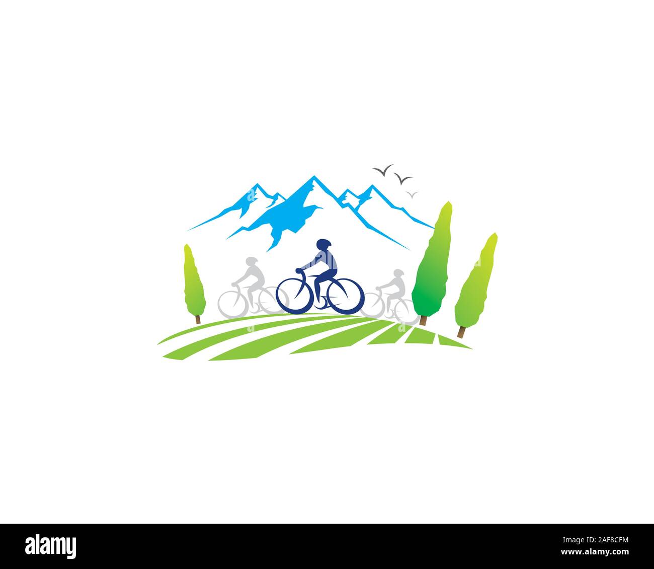 Radfahren Sport mit der Gebirgigen und Blick auf das Dorf logo Stock Vektor