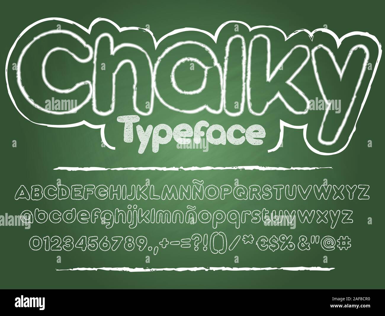 Chalk Outline Font. Handschriftliche Sans Serif abgerundete kreidige Schrift auf schwarzen Brett Hintergrund. Vektor Alphabet mit Zahlen und Glyphen. Stock Vektor