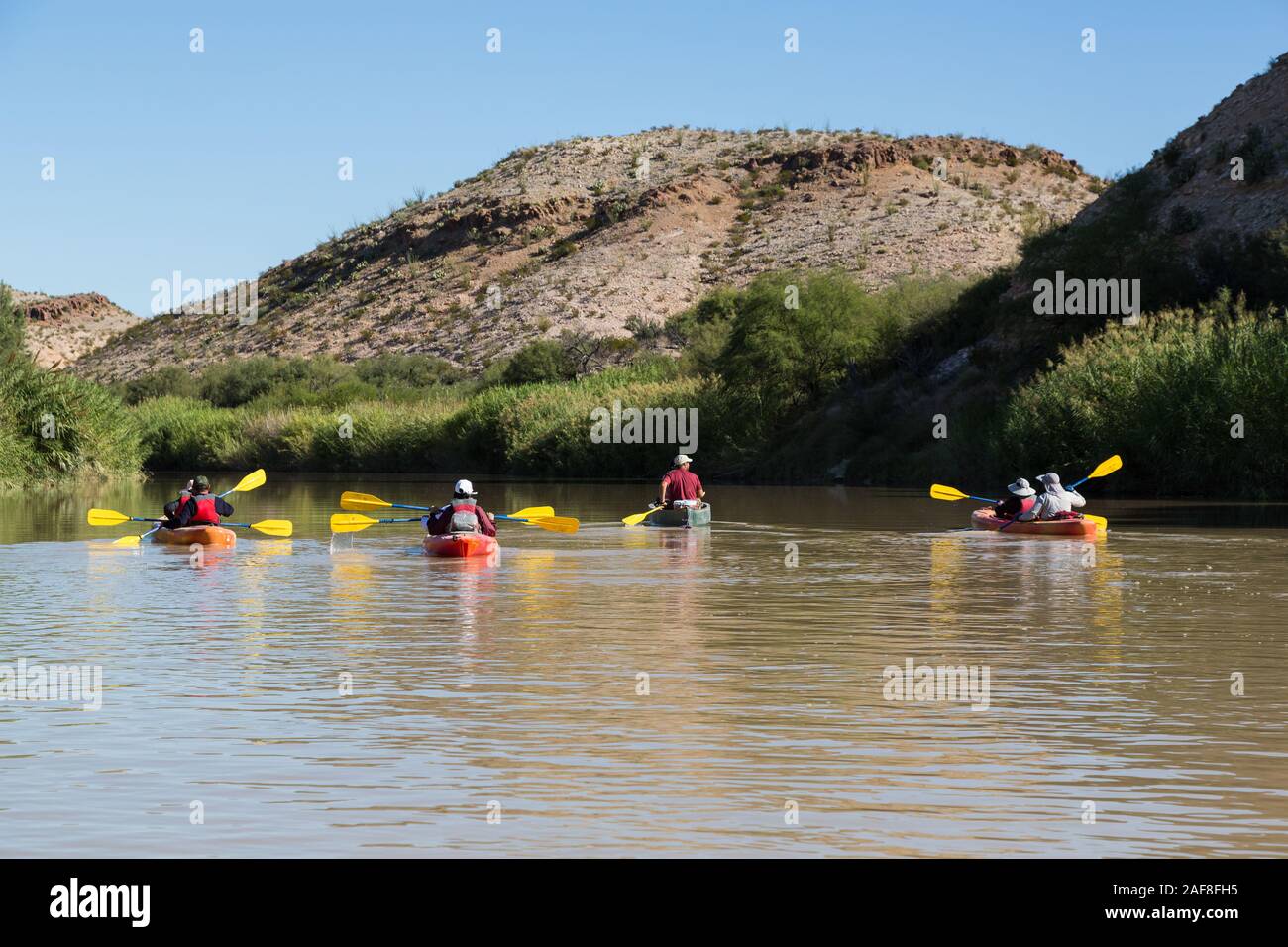 Kanu auf dem Rio Grande Fluss, fließt nordöstlich in der Nähe von Rio Grande Village, Big Bend National Park, Texas. Invasive Carrizo Zuckerrohr an Banken. Stockfoto