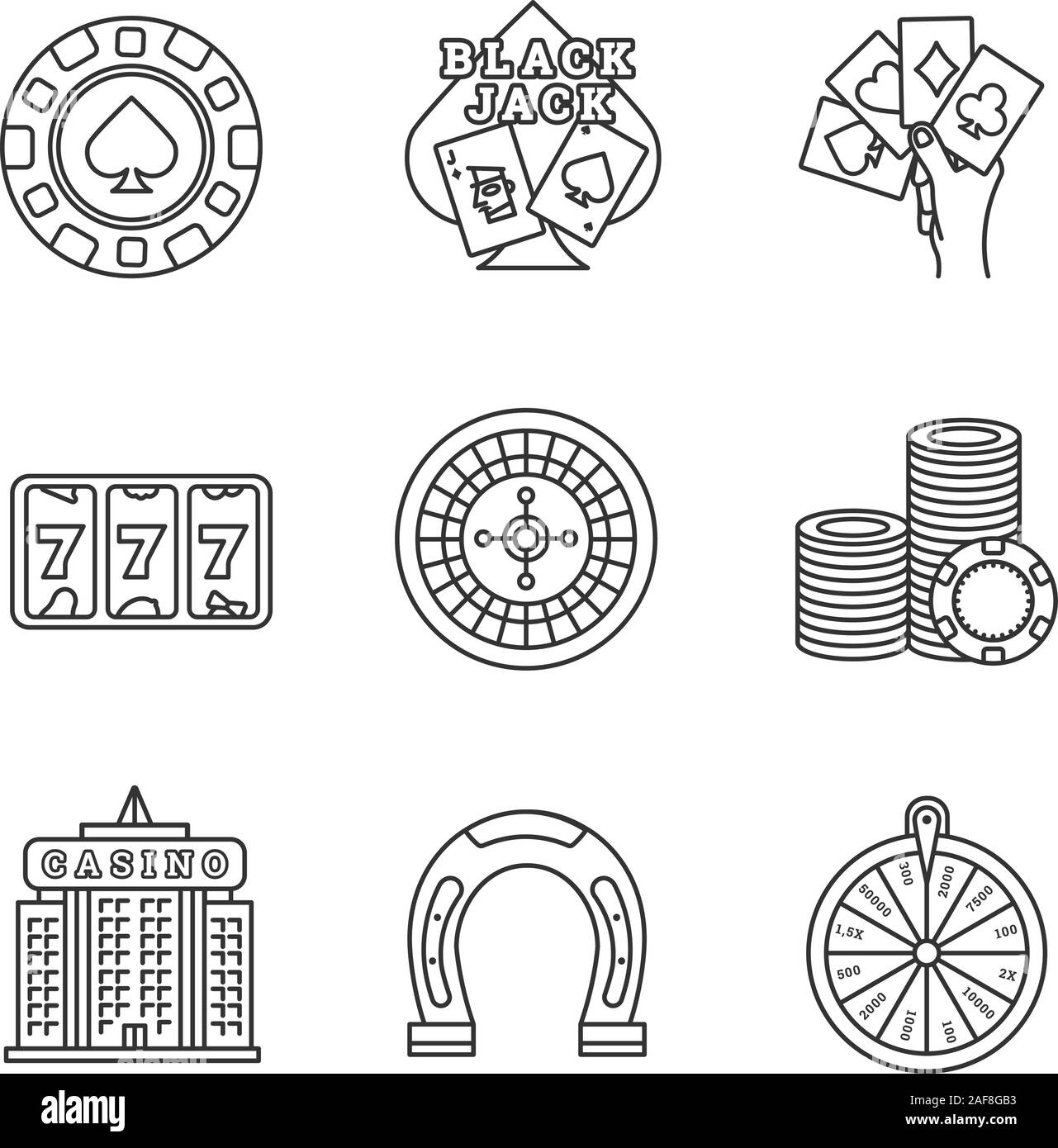 Casino lineare Symbole gesetzt. Vier Asse, Lucky seven, Glücksspiel chip, Blackjack, Roulette, Casino Gebäude, Hufeisen, Glücksrad. Thin Line Kontur s Stock Vektor