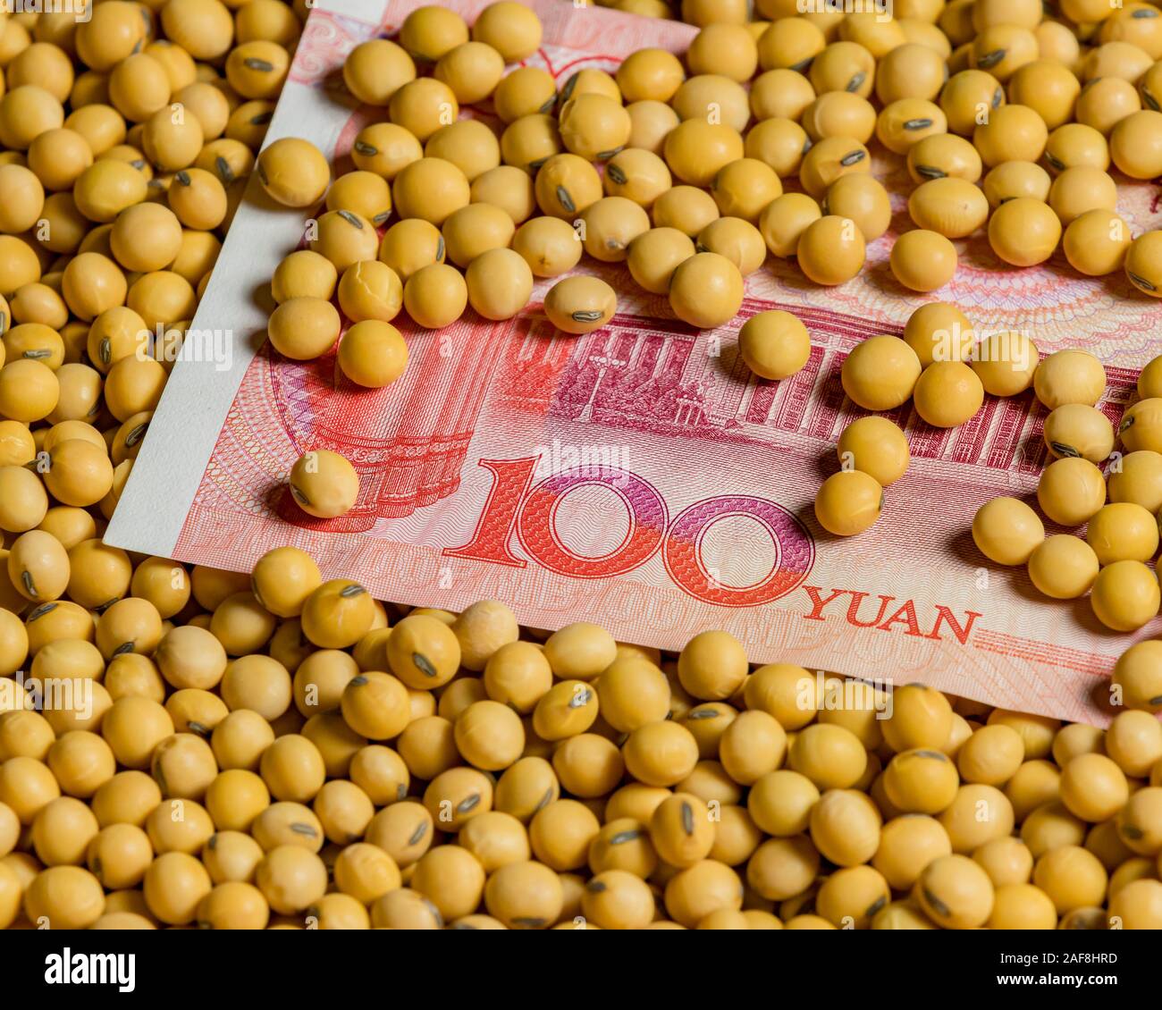 China 100 Yuan Renminbi bill Surround mit Sojabohnen. Konzept von China und die Vereinigten Staaten von Amerika Handelskrieg, Tarife, und Commodity Markt Preise Stockfoto