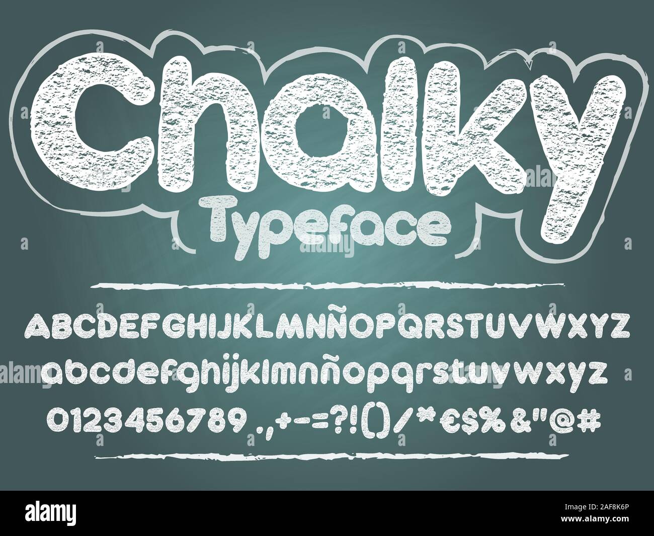 Chalk Font. Handschriftliche Sans Serif abgerundete kreidige Schrift auf schwarzen Brett Hintergrund. Vektor Alphabet mit Zahlen und Glyphen. Stock Vektor