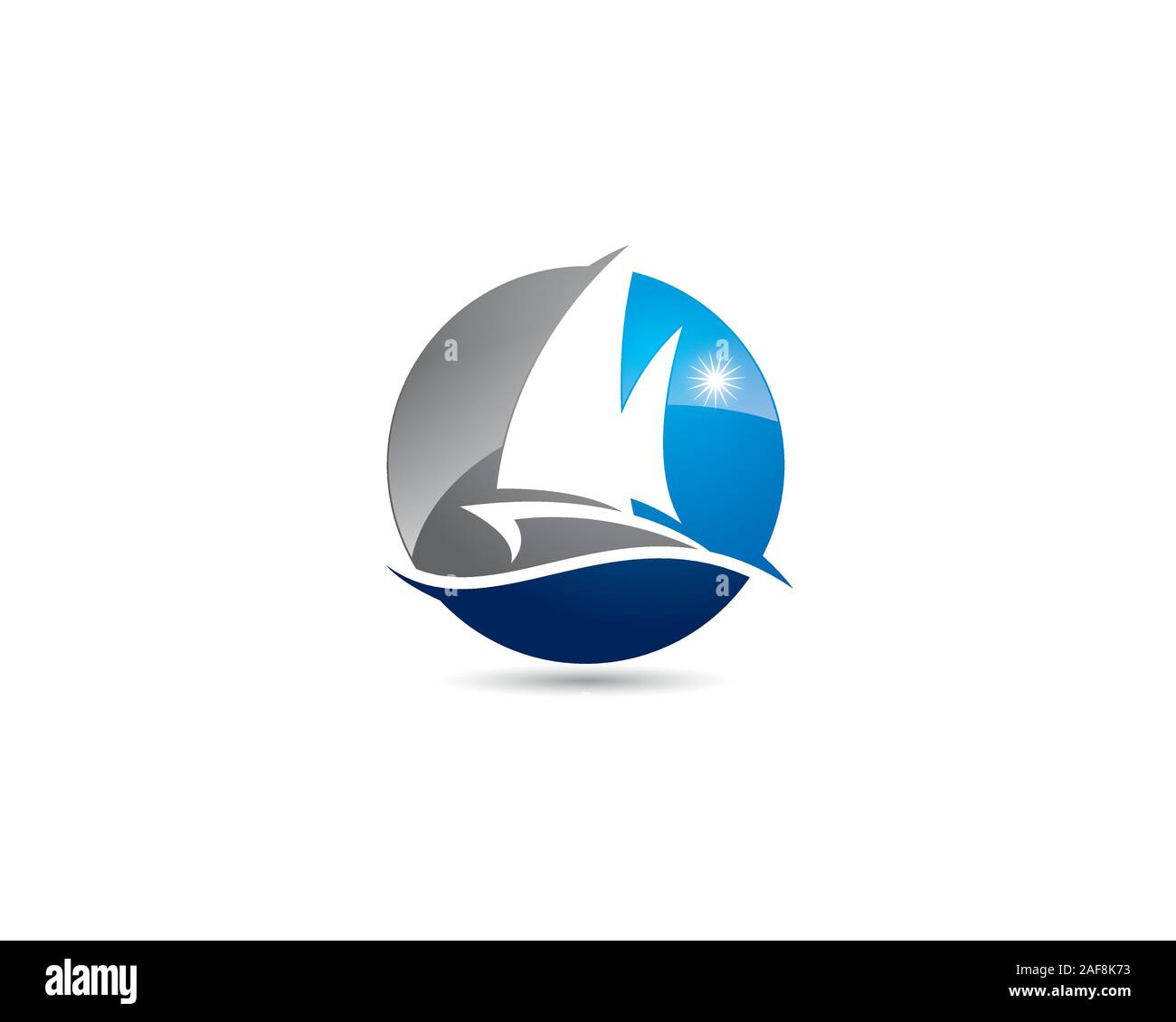 Sphärische boot Yacht in negativen Raum logo mit Sonne im Sommer Ocean Wave Stock Vektor