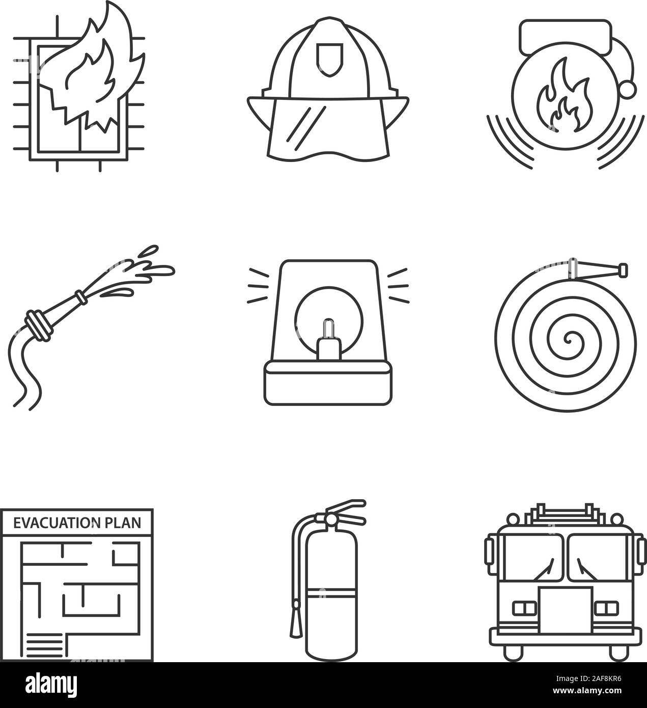 Die Brandbekämpfung lineare Symbole gesetzt. Schutzhelm, Feuerwehrmann Sirene, Alarm, Schlauch, Feuerwehrmann, Feuerlöscher, Fluchtwege, Haus in Brand. Dünne Linie conto Stock Vektor