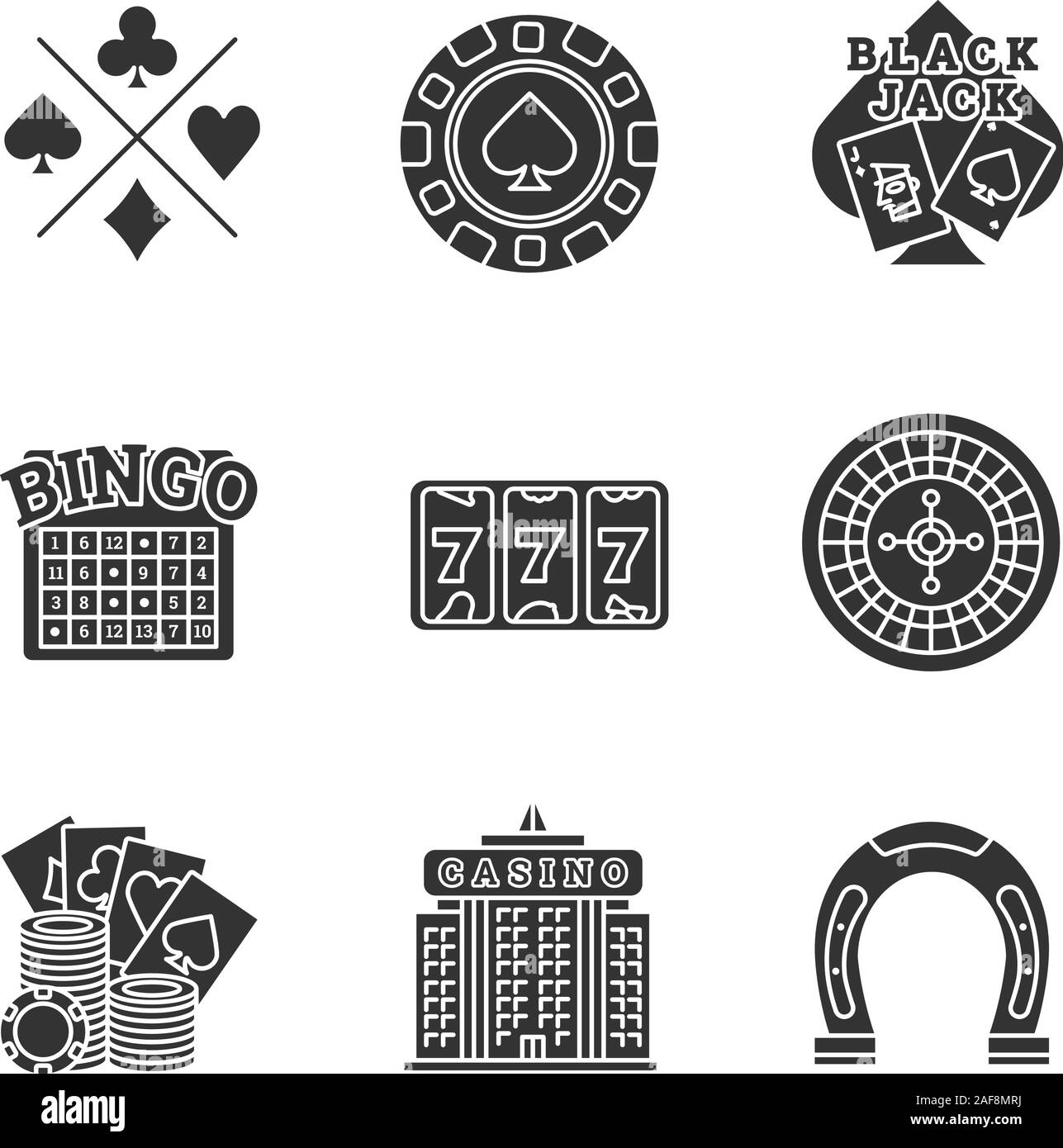 Casino Glyphe Symbole gesetzt. Karten passt, Glücksspiel chip, Black Jack, Bingo, Lucky seven, Roulette, Casino Gebäude, Hufeisen. Silhouette Symbole. Vektor ist Stock Vektor
