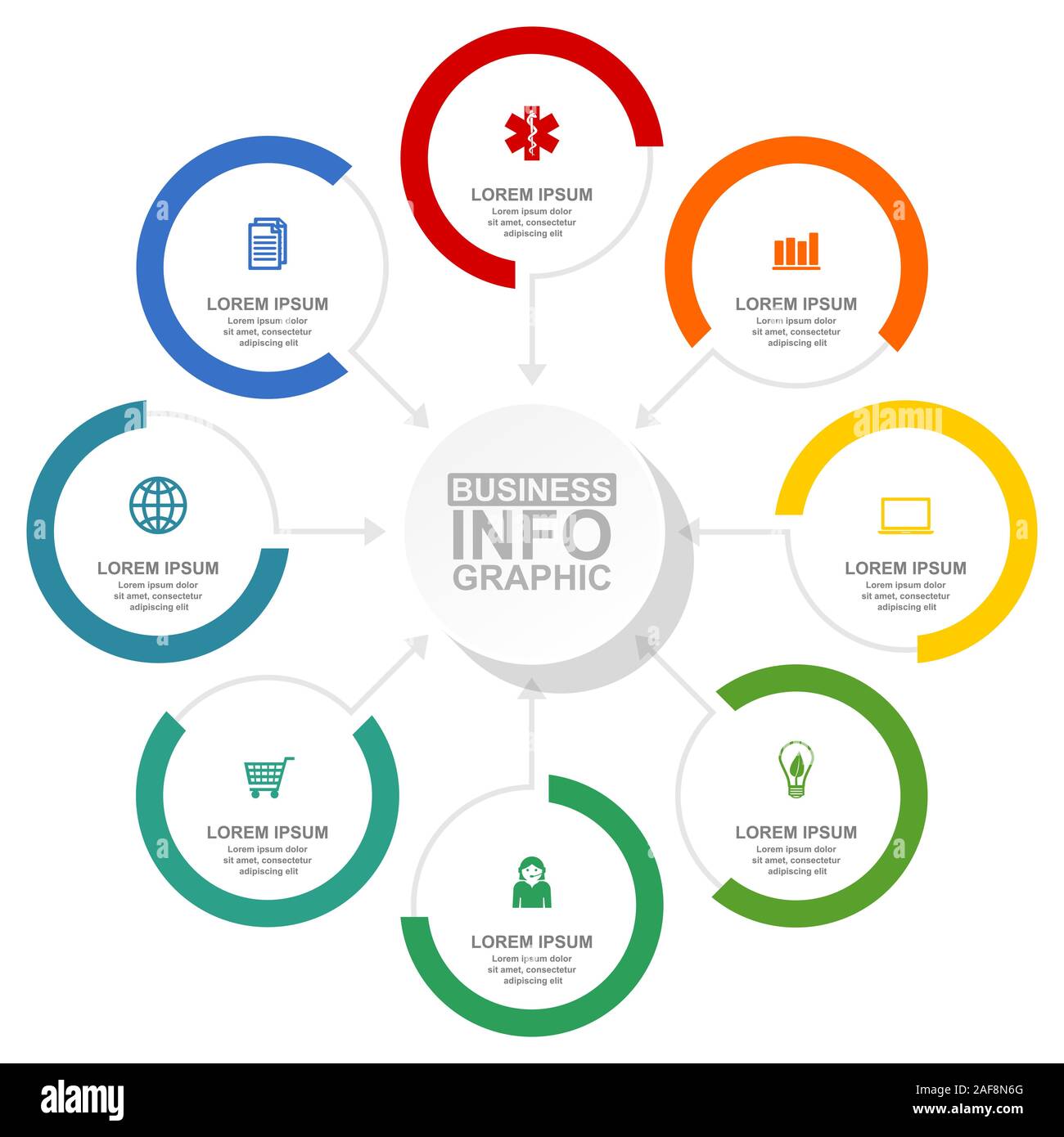 Business, Health Care und Technik Schaltplan, flache Bauform Rundschreiben Infografik Vorlage, Web Präsentation, 8 Optionen, Vector Illustration Stock Vektor