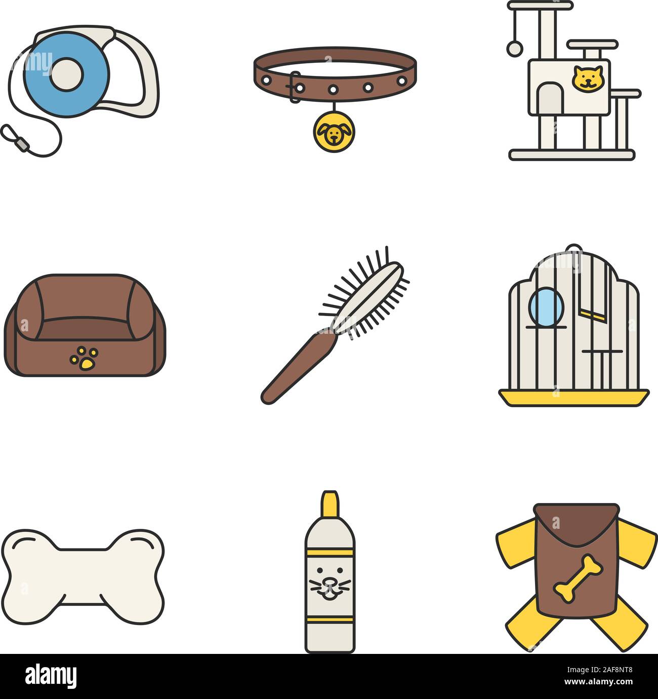 Haustiere liefert Color Symbole gesetzt. Haustiere führen, Hundehalsband, Katze, Tier, Fell bürsten, Vogelkäfig, Knochen kauen, Shampoo Flasche, Kleidung. Isolierte Vektor Stock Vektor