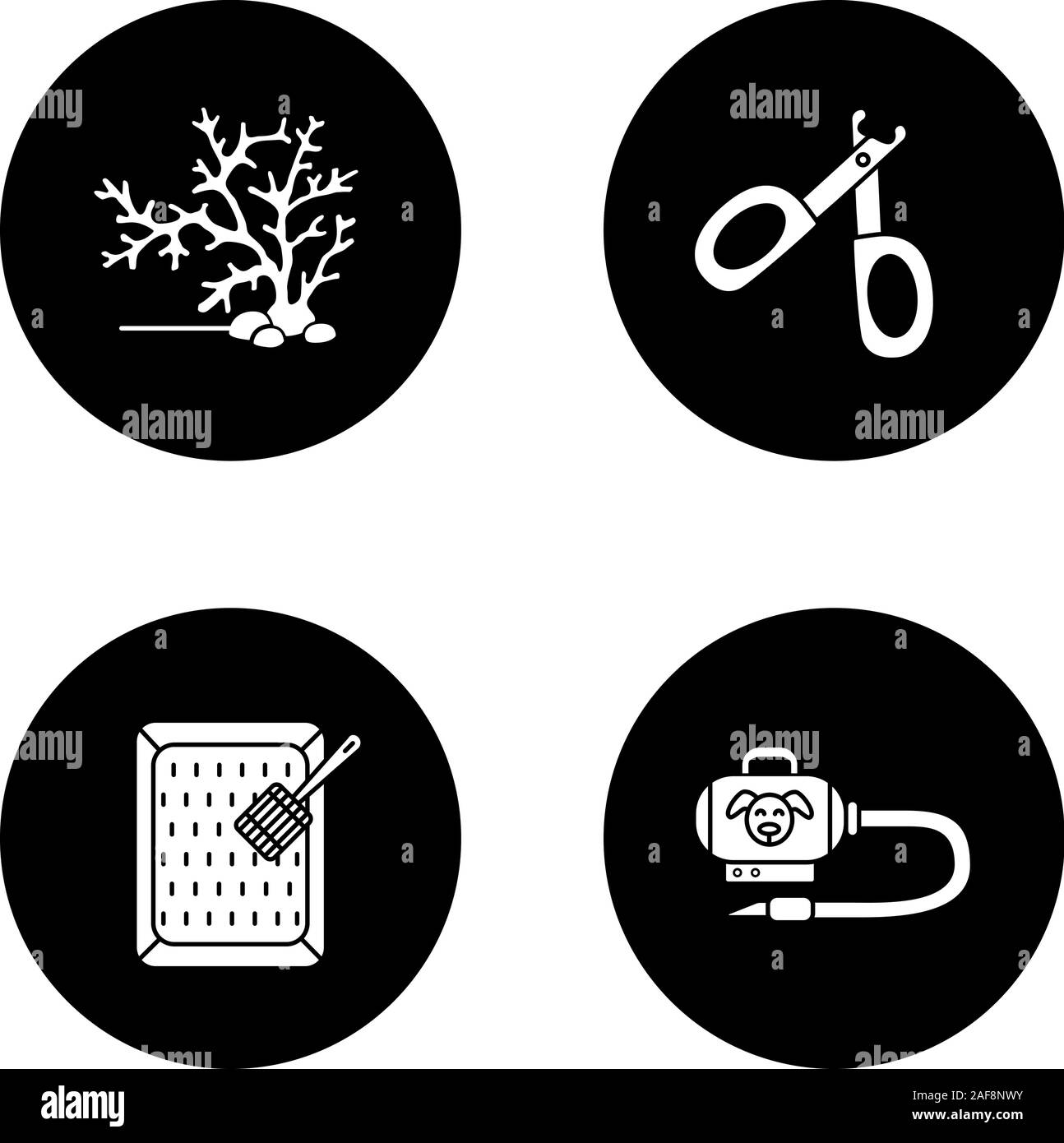 Haustiere liefert Glyphe Symbole gesetzt. Aquarium Pflanze, Tier Nagelknipser, Cat's Katzenklo, Staubsauger. Vektor weisse Silhouetten Abbildungen in Schwarz ci Stock Vektor