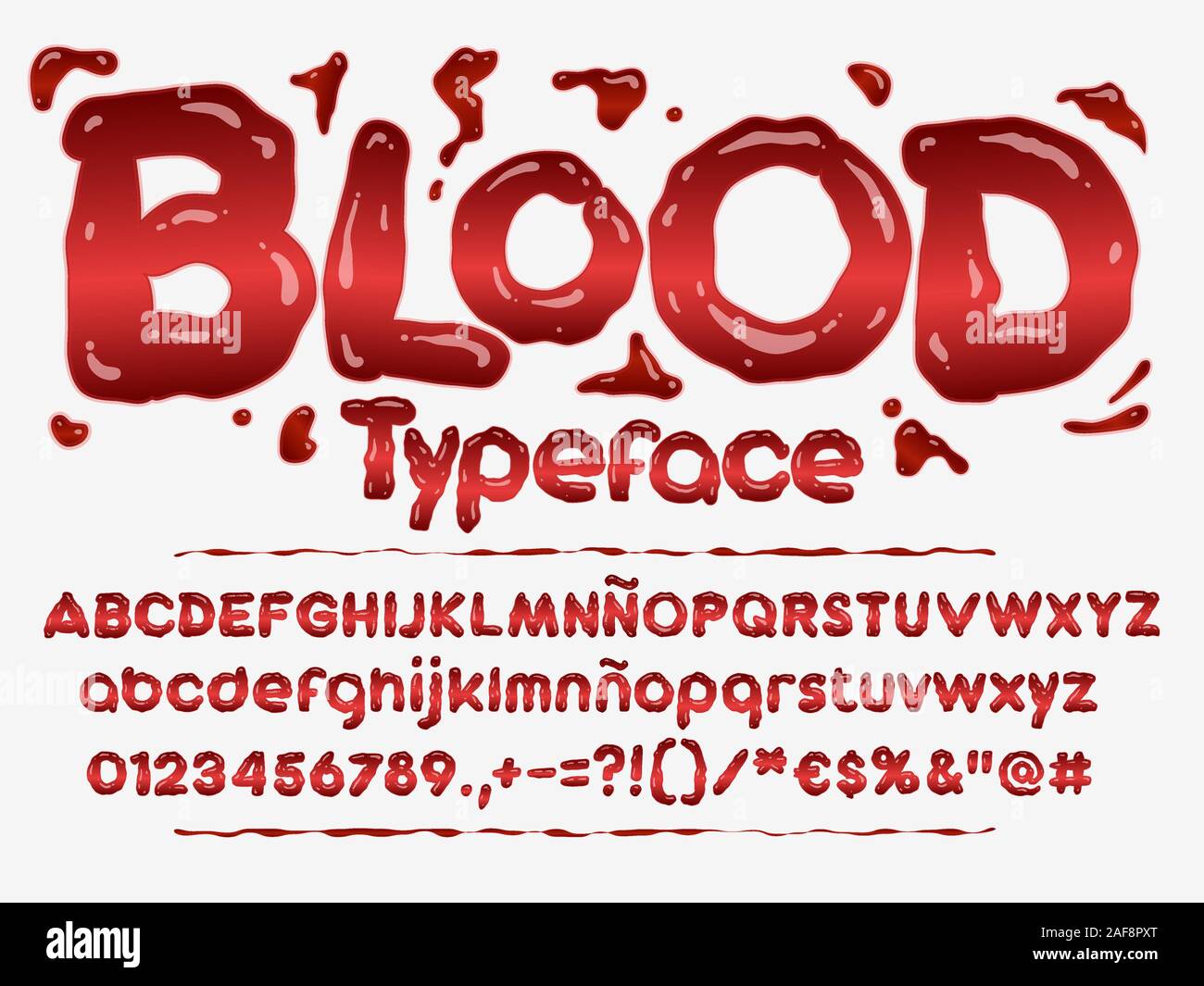 Blut Font. Halloween blutige Buchstaben Abbildung. Vektor Alphabet mit Zahlen und Glyphen. Stock Vektor