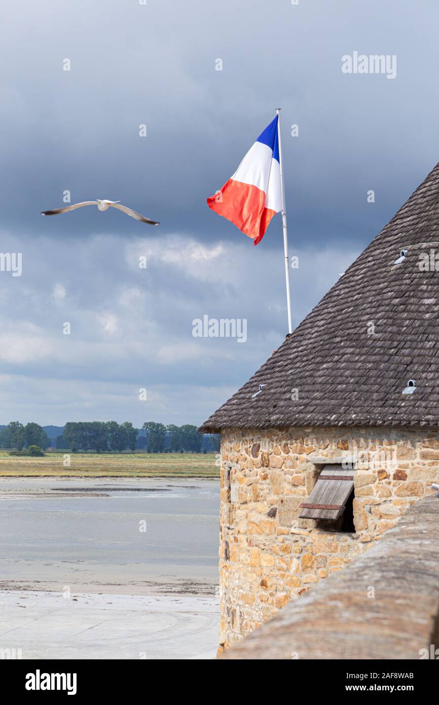 Detail von einem Turm von Mont Saint Michel, Frankreich, mit der Flagge Frankreich, während eine Möwe im Flug vergeht. Stockfoto