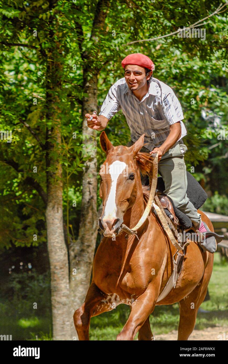 Gaucho Pferd Reiter während eines traditionellen Wettkampf in Buenos Aires, Argentinien Stockfoto