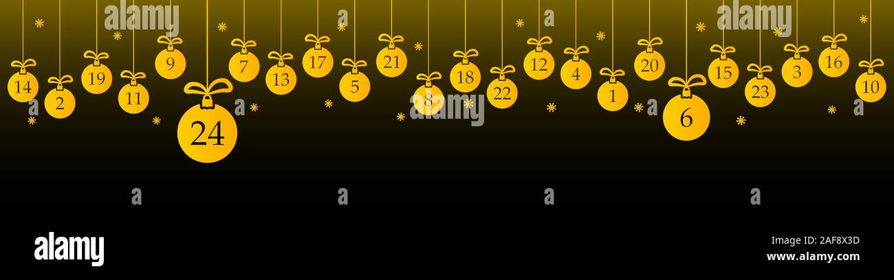 Hängende Christbaumkugeln gold gefärbt mit den Zahlen von 1 bis 24 angezeigt Adventskalender für Weihnachten und Winter zeit Konzepte, Schneeflocken auf schwarzem Hintergrund Stock Vektor