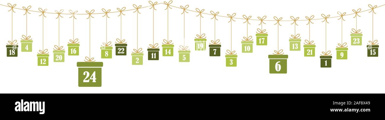 Hängende Weihnachtsgeschenke grün gefärbt mit den Zahlen von 1 bis 24 angezeigt Adventskalender für Weihnachten und Winter zeit Konzepte Stil panorama Stock Vektor