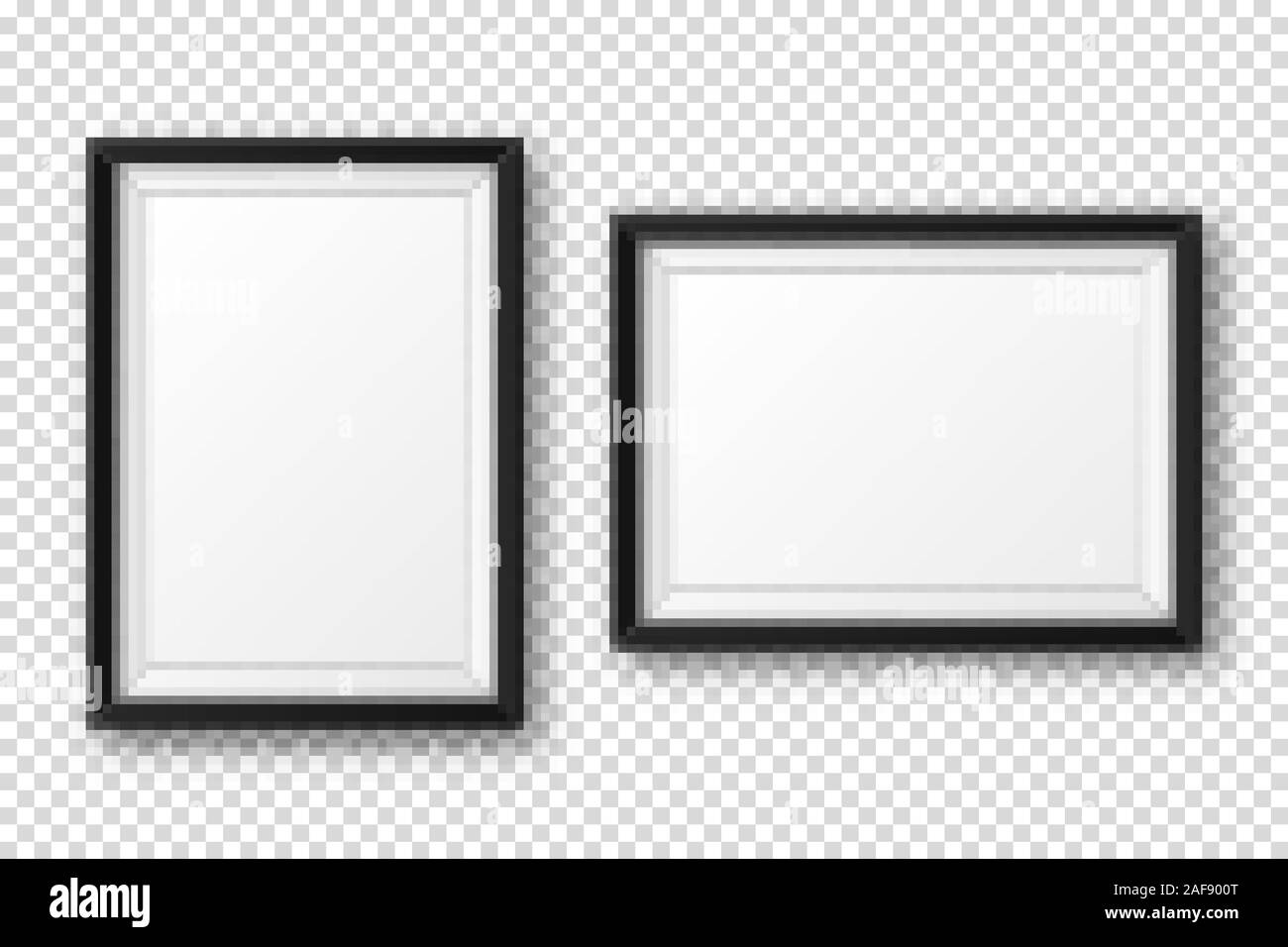 Realistische leeren schwarzen Bilderrahmen mit Schatten auf transparentem Hintergrund isoliert. Moderne Poster mockup. Leeren Bilderrahmen für Kunst Galerie oder Stock Vektor