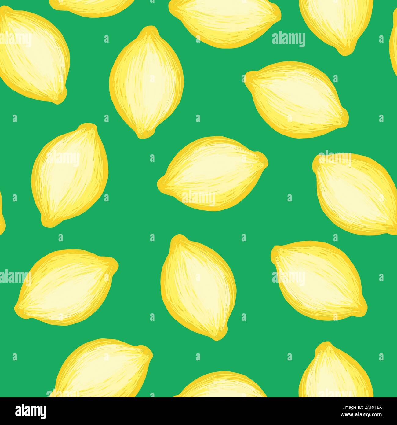 Zitronen nahtlose, sich wiederholendes Muster. Zitrusfrüchte Hintergrund. Gelbe hand Zitronen auf grünem Hintergrund gezeichnet. Im Sommer essen. Vitamine. Verwenden Sie für die Verpackung Stockfoto