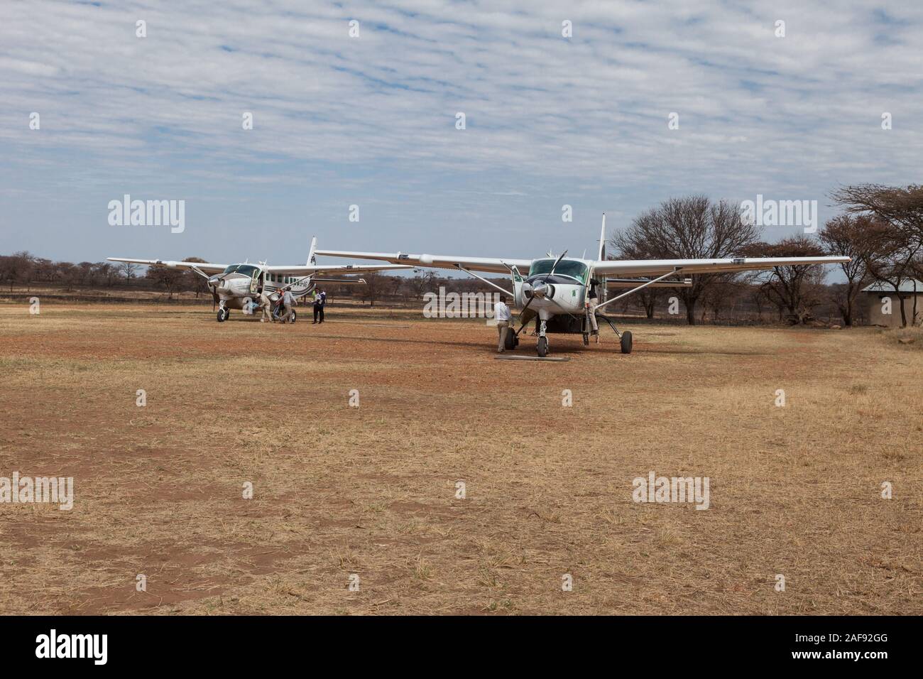 Tansania. Flugzeuge in Lobo Landebahn, Serengeti National Park. Stockfoto