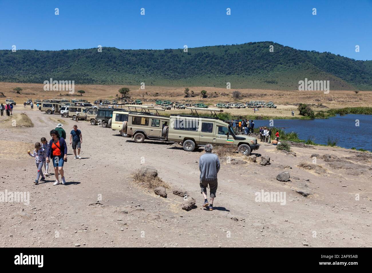 Tansania. Ngorongoro. Fahrzeuge mit Picknick zum Mittagessen in die Caldera. Stockfoto