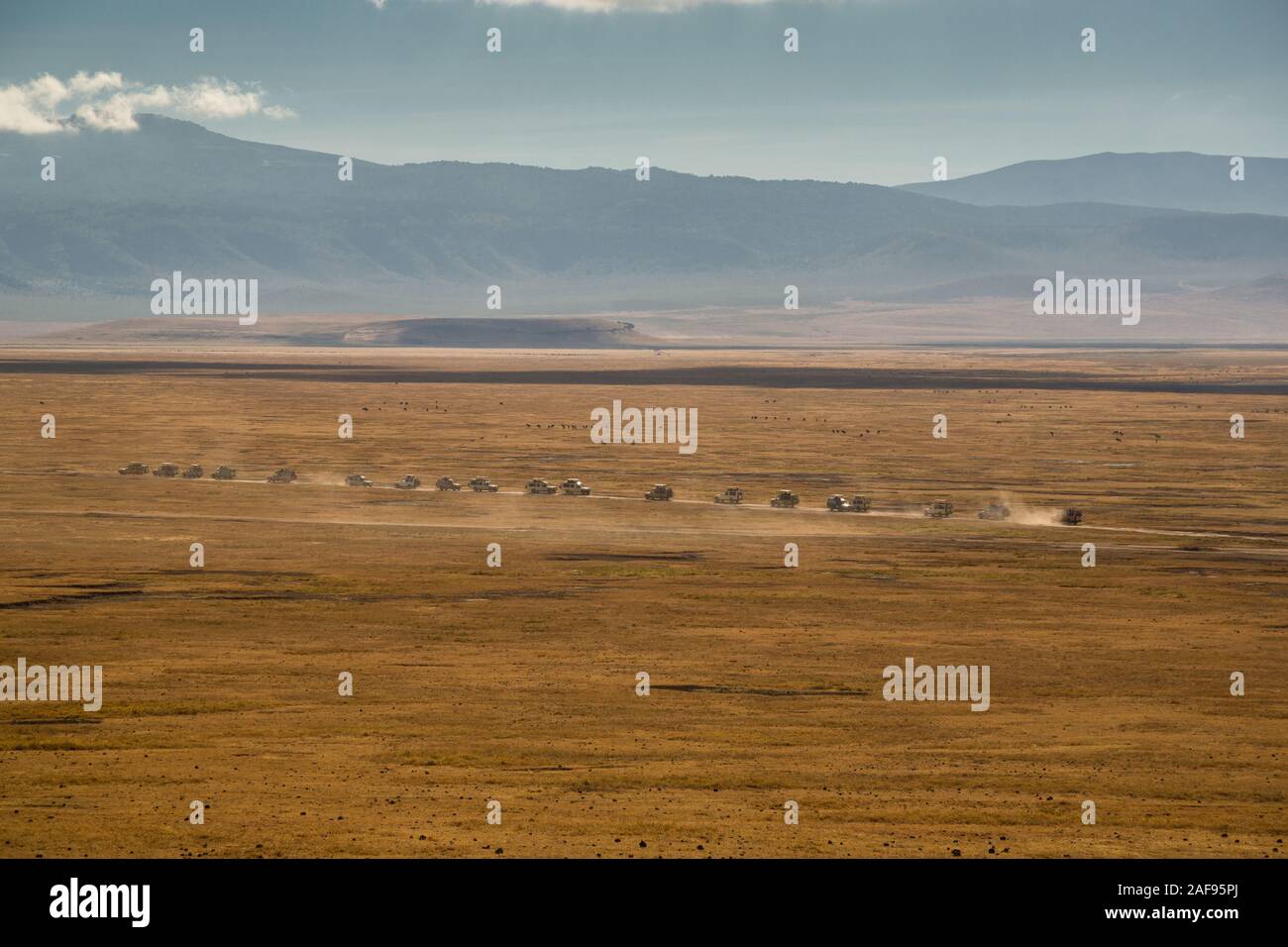 Tansania. Ngorongoro Krater, Fahrzeuge auf der Suche nach Spiel am Kraterboden. Stockfoto