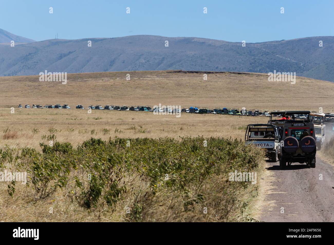 Tansania. Ngorongoro Krater, Fahrzeug Lineup für die Anzeige ein Nashorn (nicht sichtbar). Stockfoto