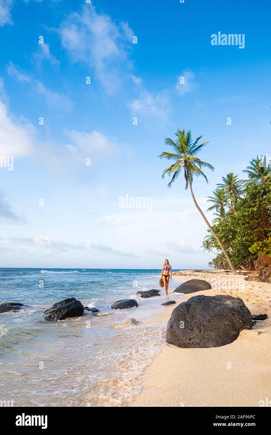 Eine Frau auf einem idyllischen tropischen Strand Stockfoto