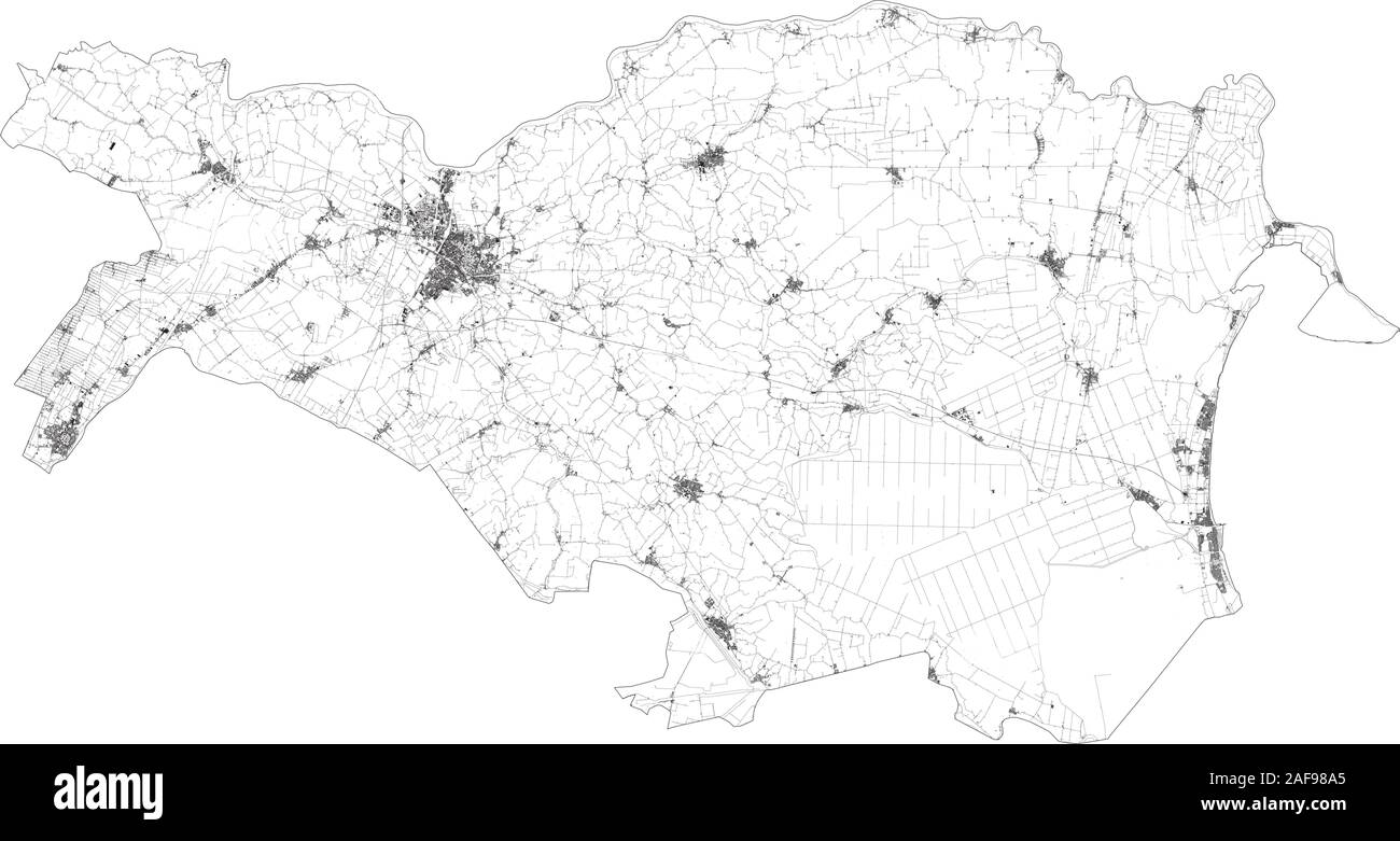 Sat-Karte der Provinz von Ferrara Städte und Straßen, Gebäude und Straßen der Umgebung. Region Emilia-Romagna, Italien. Karte Straßen Stock Vektor