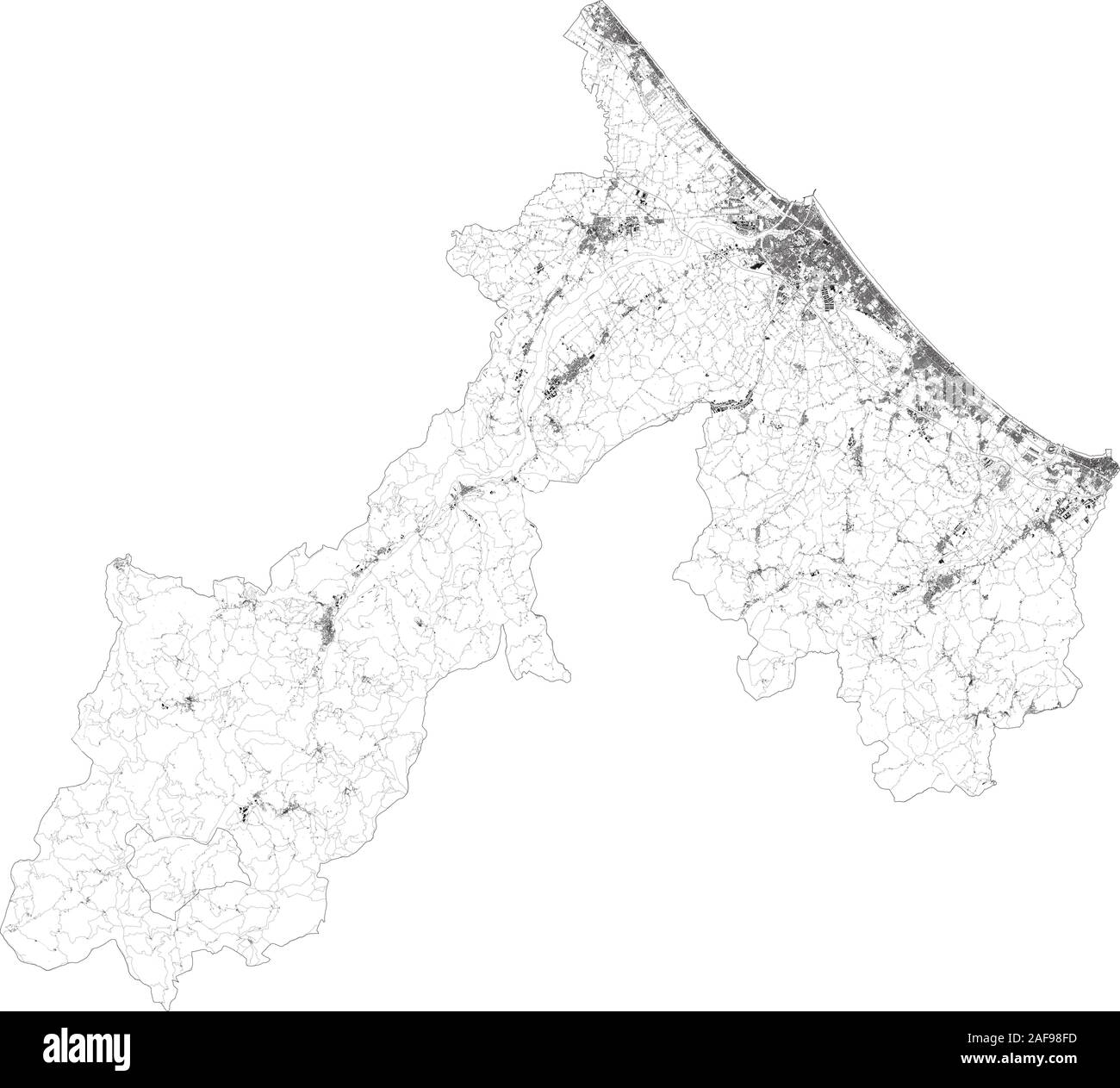 Sat-Karte der Provinz von Rimini Städte und Straßen, Gebäude und Straßen der Umgebung. Region Emilia-Romagna, Italien. Karte Straßen Stock Vektor