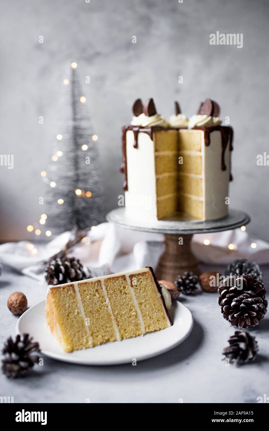 Weihnachten Schokolade orange Layer Cake mit Orange Buttercream und dunkle Schokolade ganache Stockfoto