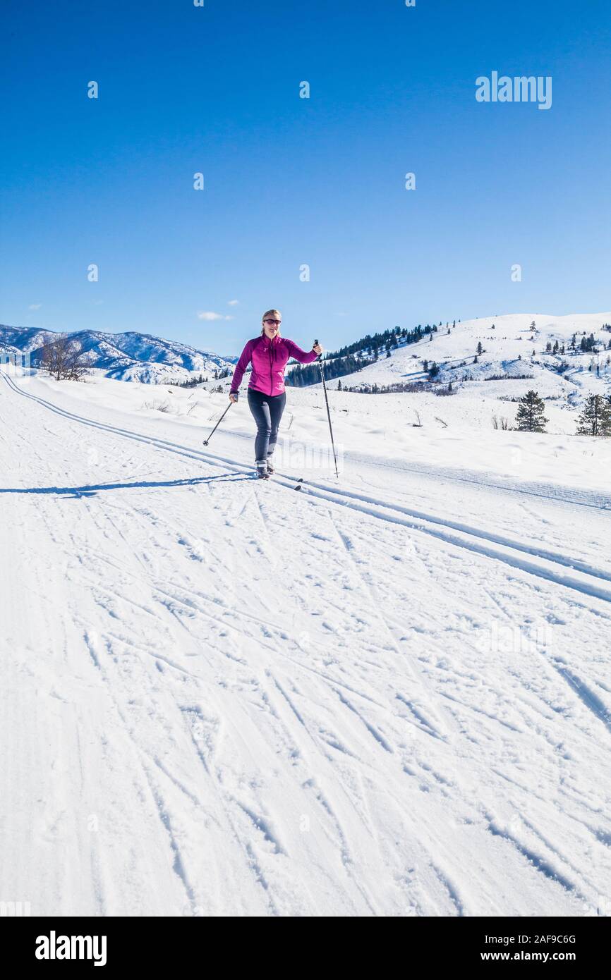 Eine Frau Langlaufen auf den Loipen in der Nähe von Sun Mountain Lodge in der Methow Valley, Washington State, USA. Stockfoto