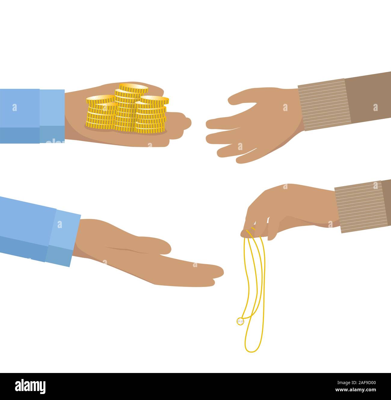 Pfandleiher Hand, die Haufen von Münzen und auf einen Person verpfändung Schmuck flache Icon Design Stock Vektor