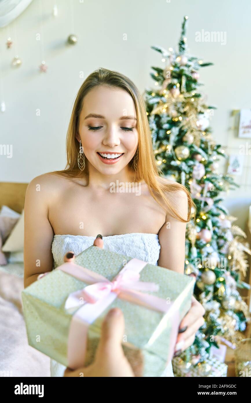 Portrait einer jungen Frau, die während der Vorbereitungen für Weihnachten zu Hause. Hübsche, junge Frau, die Weihnachtsgeschenke vor dem Hintergrund der Stockfoto