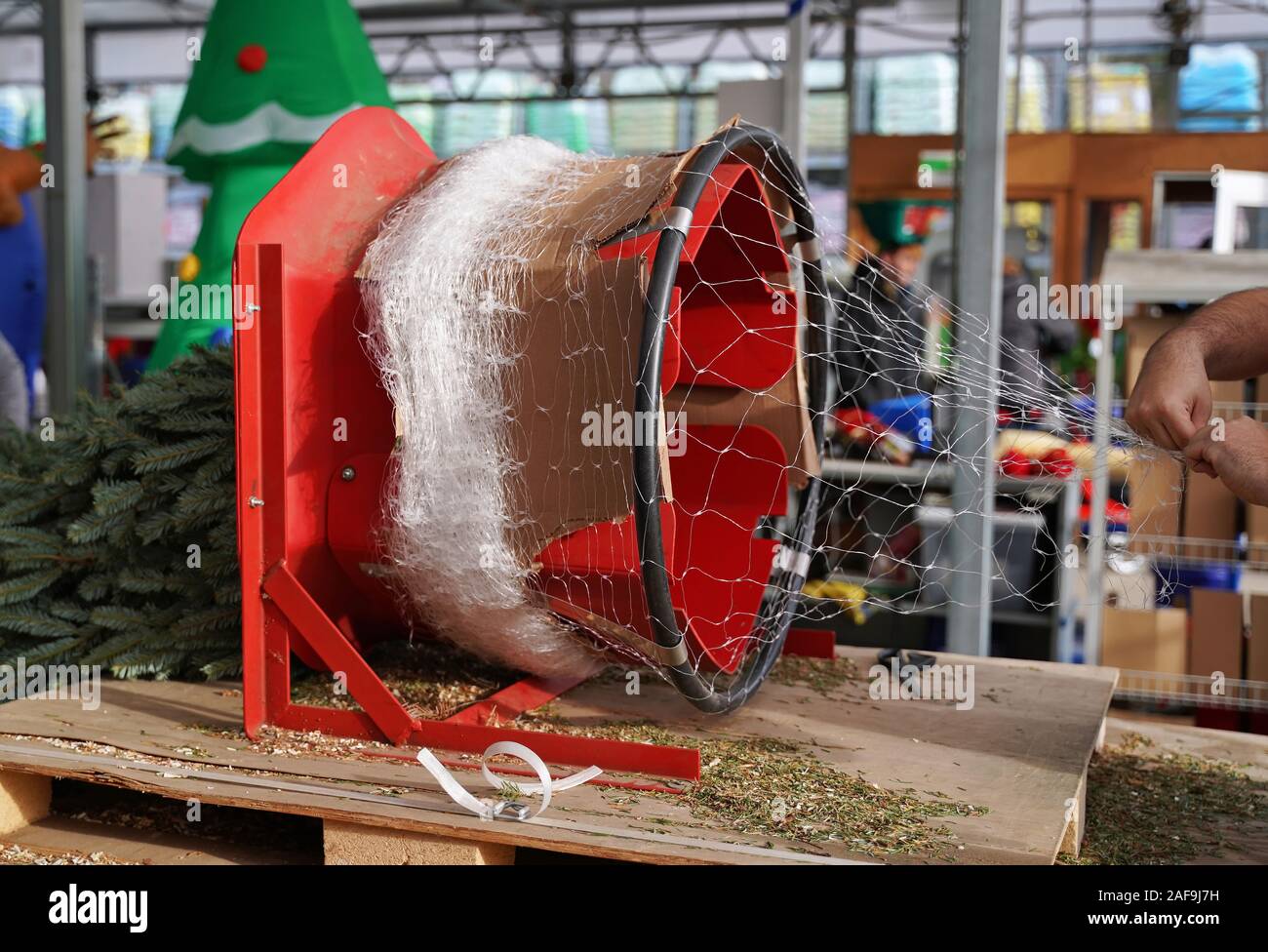 Mitarbeiter Hände die Verrechnung Knoten vor der Verpackung und Kompression der Weihnachtsbaum für den einfachen Transport. Stockfoto