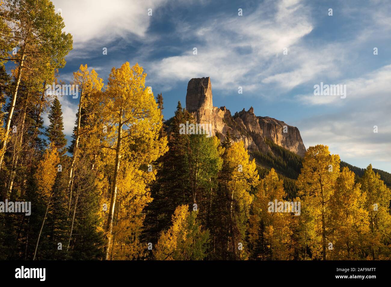 Espen in Herbst, Owl Creek, Chimney Rock, San Juan, Berge, Colorado Stockfoto