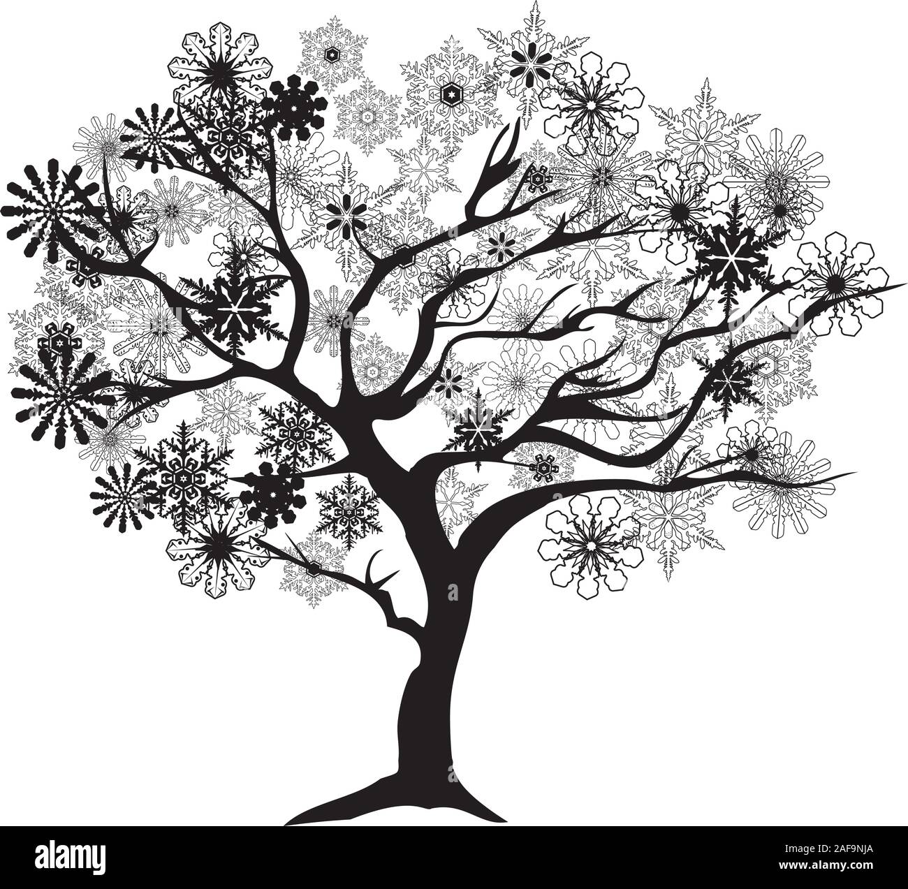 Vector Illustration eines Winter Baum mit schwarzer Schneeflocken. Stock Vektor