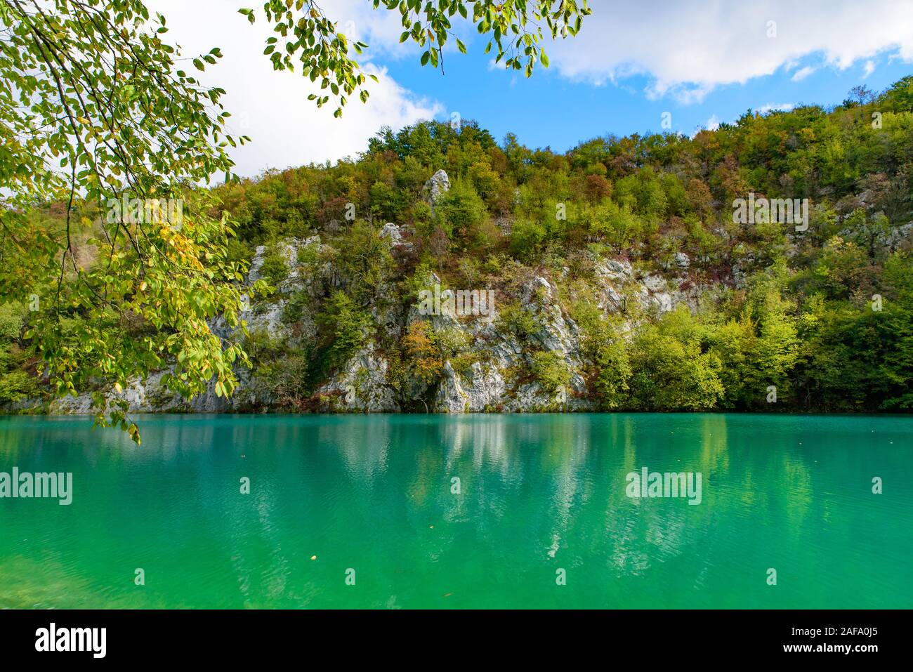 Nationalpark Plitvicer Seen (Plitvička Jezera) mit türkisfarbenen See, Kroatien Stockfoto